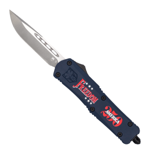 CobraTec Knives MFDM250FS3DNS FS-3 Freedom 250 Limited Edition 3" OTF Drop Point Plain Anodized D2 Steel Blade 4.50" Blue/Red Cerakote Aluminum Handle Glass Breaker