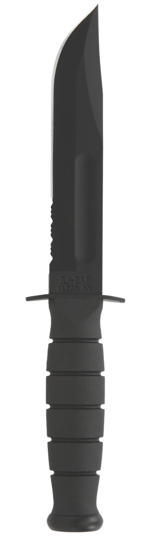 Ka-Bar 1257 Short Fight/Utility 5.25" Fixed Clip Point Part Serrated Black 1095 Cro-Van Blade Black Kraton G Handle Includes Sheath