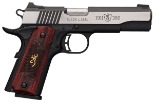 Browning 051914492 1911-380 Black Label Medallion Pro 380 ACP 8+1 4.25" Target Crown Barrel  Blackened w/Silver Polished Flats Serrated SS Slide  Matte Black Polymer Frame w/Beavertail
