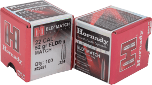 Hornady 22491 ELD Match  22 Cal .224 52 gr Extremely Low Drag Match 100rd Box