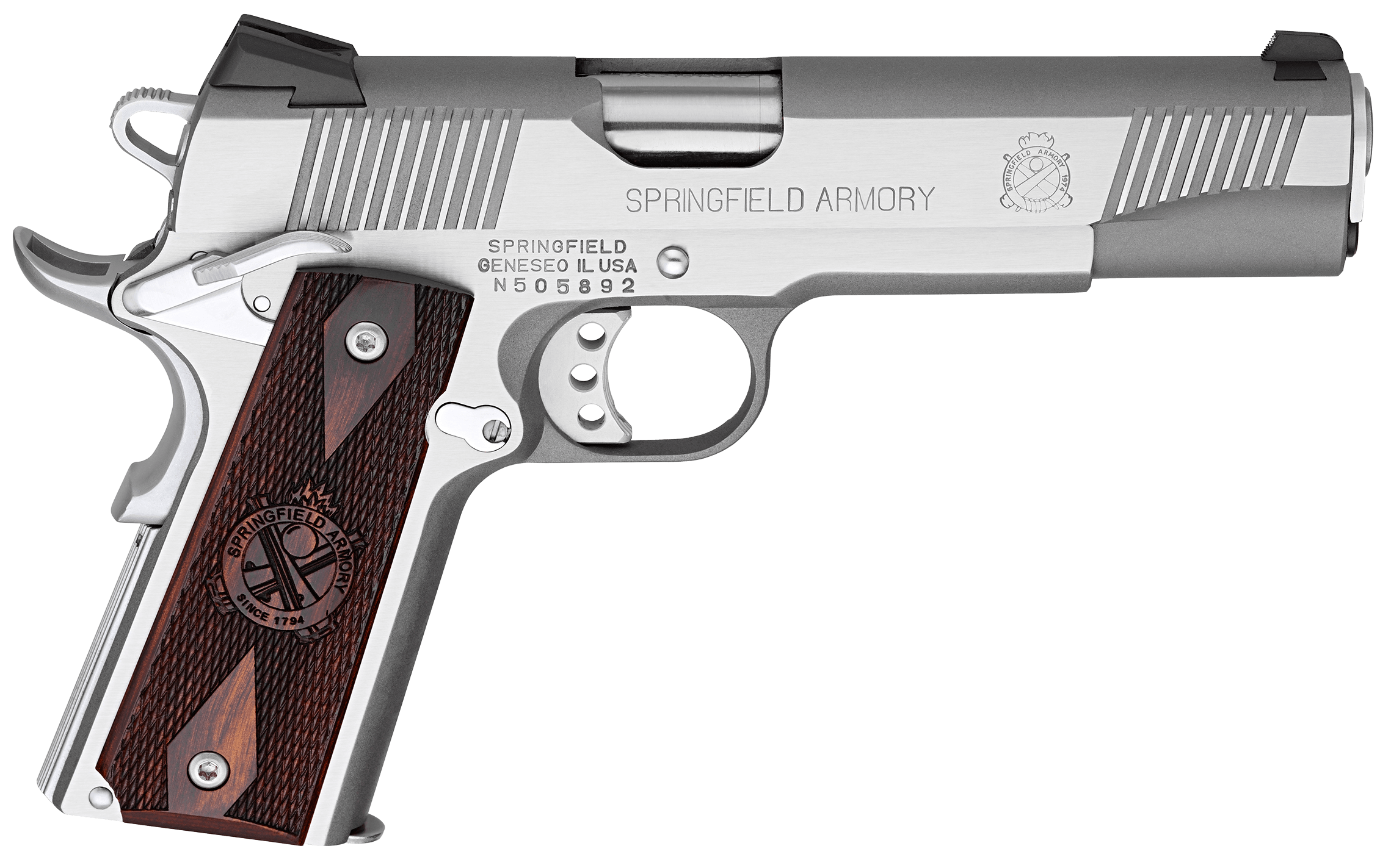Springfield Armory PX9151LCA 1911 Loaded *CA Compliant 45 ACP 7+1 5" Stainless Match Grade Barrel Serrated Slide & Frame w/Beavertail Crossed Cannon Cocobolo Grip