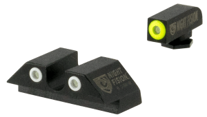 Night Fision GLK002007YGW Perfect Dot Night Sight Set U-Notch Green/Fluorescent White Ring Tritium Front/ Green/White Ring Tritium Rear/ Black Frame  Compatible w/Glock models 20/21/29/30/36/40/41 Front Post/Rear Dovetail Mount