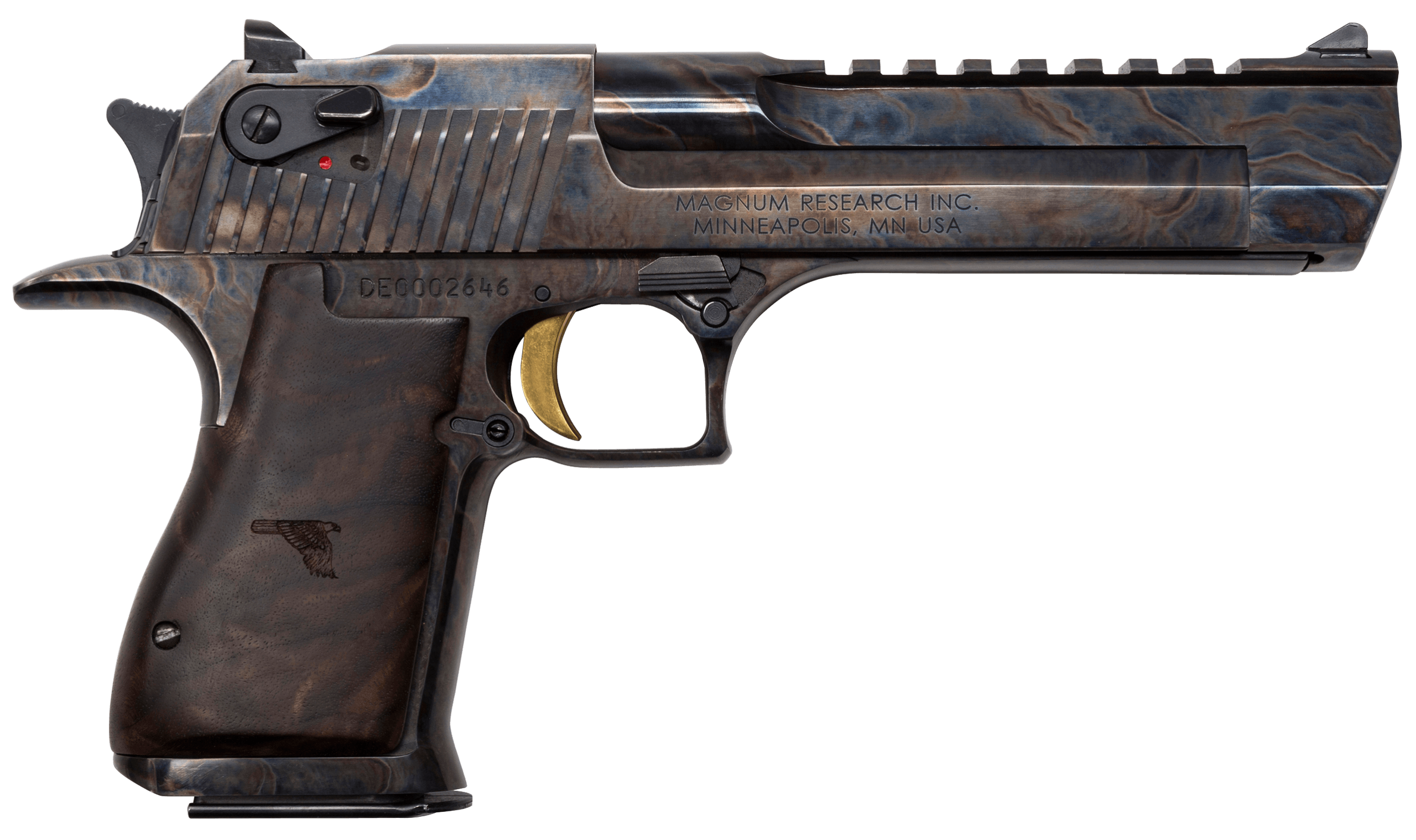 Magnum Research DE44CH Desert Eagle Mark XIX 44 Mag 8+1 6" Color Case Hardened Carbon Steel w/Picatinny Rail Barrel Clear Cerakote Color Case Hardened Serrated Carbon Steel Slide & Frame w/Beavertail Walnut w/Engraved Desert Eagle Logo Grip Ambidextro