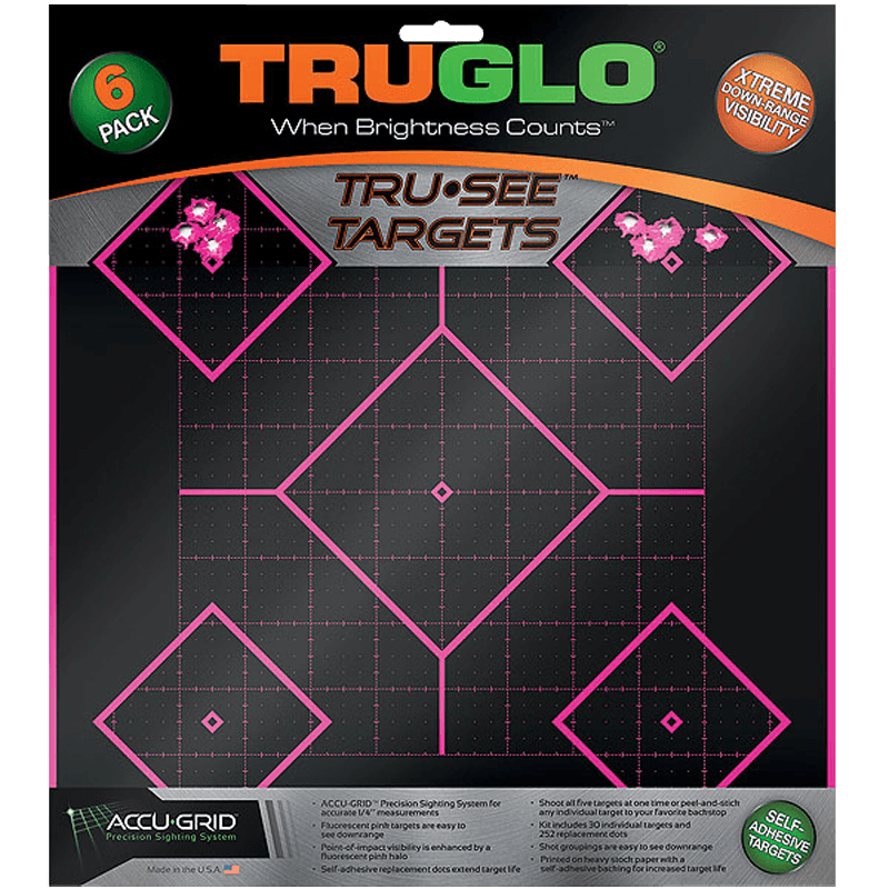 TruGlo TG14P6 Tru-See 5- Diamond Target Black/Pink Self-Adhesive Paper Universal Heavy Paper Yes Impact Enhancement Pink 6 Pack Includes Pasters