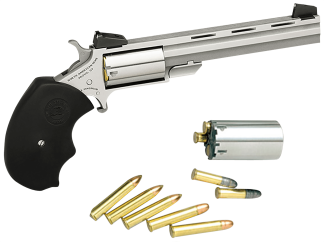 North American Arms MMTC Mini-Master *CA Compliant 22 LR or 22 WMR Caliber with 4" Vent Rib Barrel  5rd Capacity Cylinder  Overall Stainless Steel  Finish  Finger Grooved Black Rubber Grip & Adjustable Sights Includes Cylinder