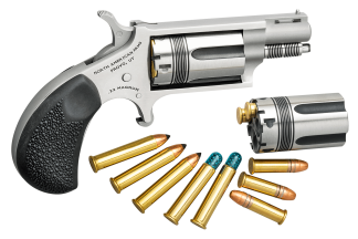 North American Arms 22MCTW Wasp Combo 22 LR or 22 WMR Caliber with 1.63" Vent Rib Barrel 5rd Capacity Cylinder Overall Stainless Steel Finish & Black Pebbled Texture Rubber Grip Includes Cylinder