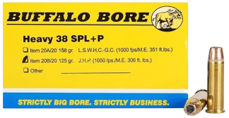 Buffalo Bore Ammunition 20B20 Heavy Strictly Business 38 Special +P 125 gr Jacketed Hollow Point (JHP) 20rd Box