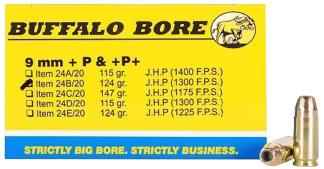 Buffalo Bore Ammunition 24B20 Personal Defense Strictly Business 9mm Luger +P+ 124 gr Jacketed Hollow Point (JHP) 20rd Box