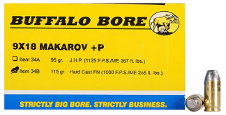 Buffalo Bore Ammunition 34B20 Personal Defense Strictly Business 9x18 Makarov +P 115 gr Hard Cast Flat Nose (HCFN) 20rd Box