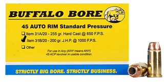 Buffalo Bore Ammunition 31B20 Standard Pressure Strictly Business 45 Auto Rim 200 gr Jacketed Hollow Point (JHP) 20rd Box