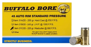 Buffalo Bore Ammunition 31C20 Standard Pressure Strictly Business 45 Auto Rim 225 gr Wadcutter (WC) 20rd Box