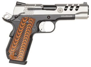 Smith & Wesson 170344 1911 Performance Center  Full Size Frame 45 ACP 8+1  4.25 Blued Stainless Steel Barrel  Matte Serrated Stainless Steel with Ports Slide  Black Scandium Alloy Frame w/Beavertail  Custom Wood G10 Grip  Ambidextrous"