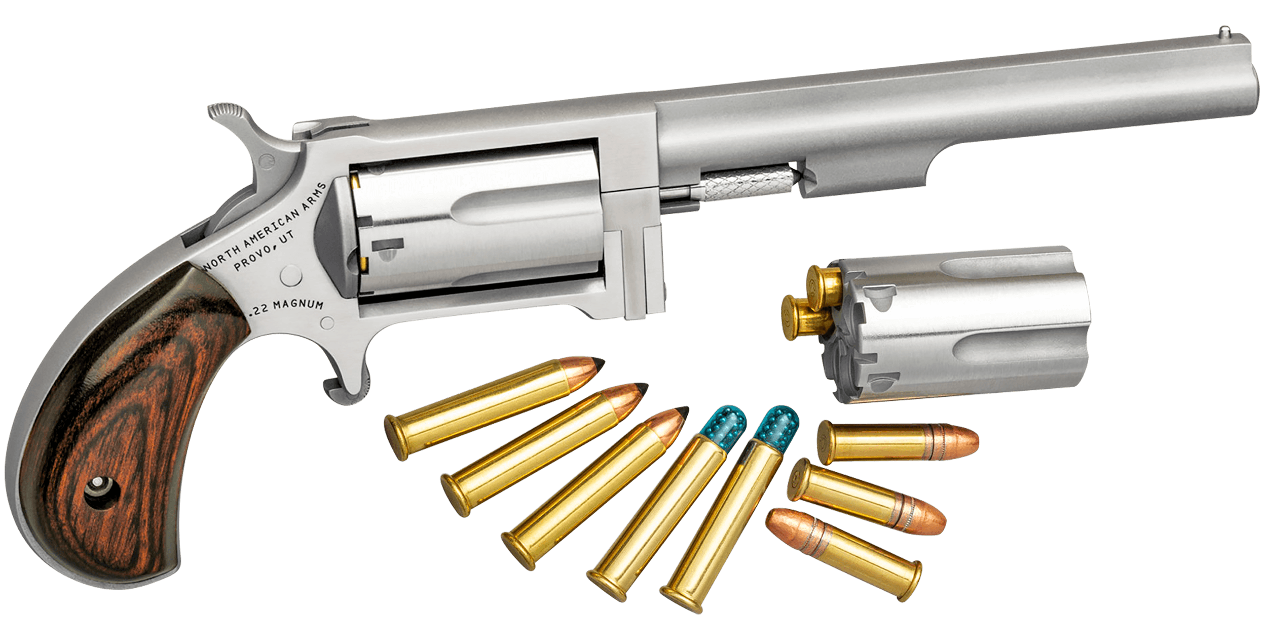 North American Arms SWC4 Sidewinder *CA Compliant 22 LR or 22 WMR Caliber with 4" Barrel 5rd Capacity Cylinder Overall Stainless Steel Finish & Rosewood Birdshead Grip Includes Cylinder