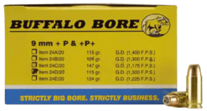 Buffalo Bore Ammunition 24D20 Personal Defense Strictly Business 9mm Luger +P 115 gr Jacketed Hollow Point (JHP) 20rd Box