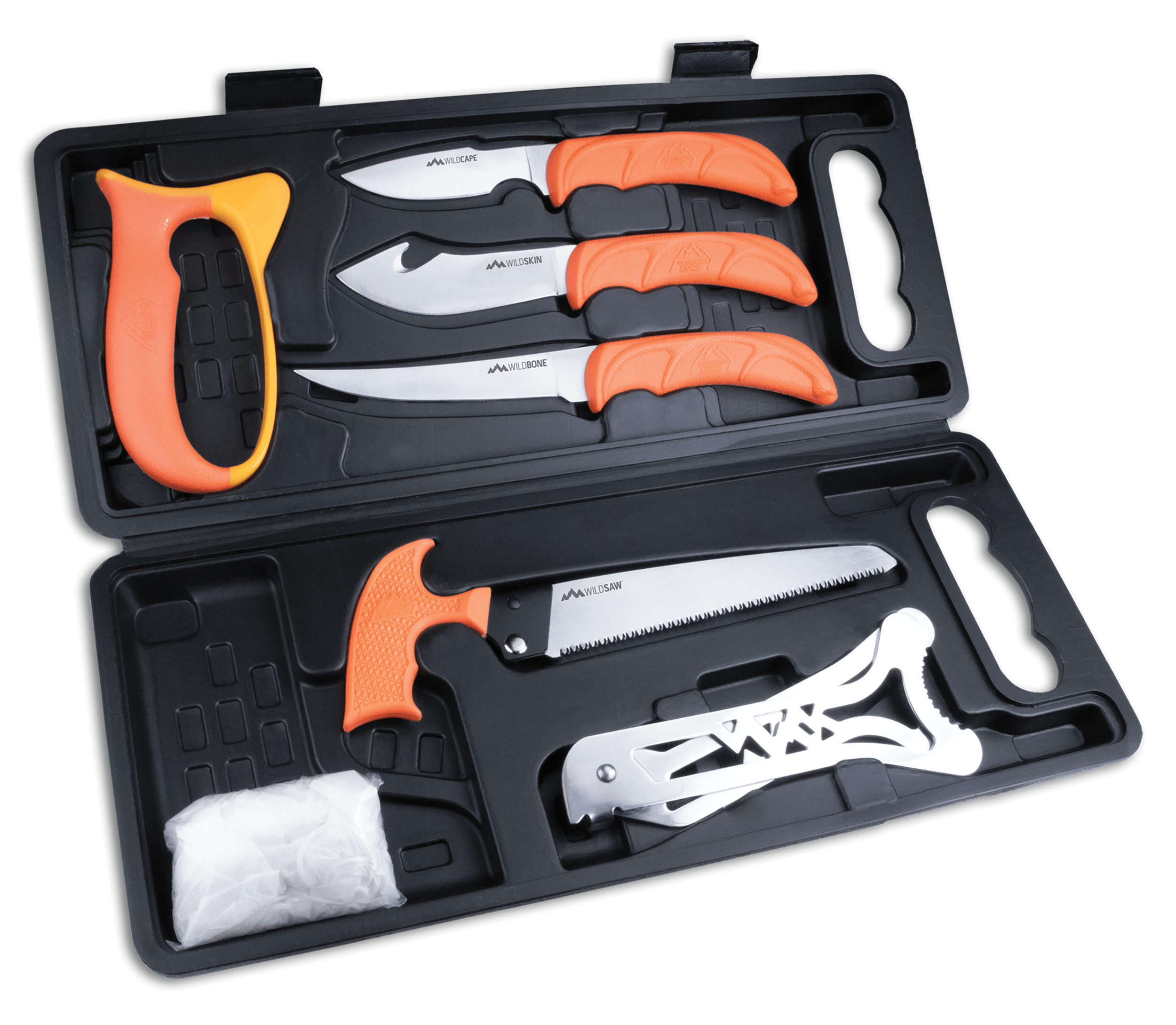 Outdoor Edge WP2 Wild Pak Multiple Skinner w/Gut Hook/Saw/Caper Plain/Saw 420J2 Stainless Steel Blade FRN Orange Handle