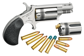 North American Arms 22MSCTW Wasp 22 LR or 22 WMR Caliber with 1.63" Vent Rib Barrel 5rd Capacity Cylinder Overall Stainless Steel Finish & Black Pebbled Texture Rubber Grip Includes Cylinder
